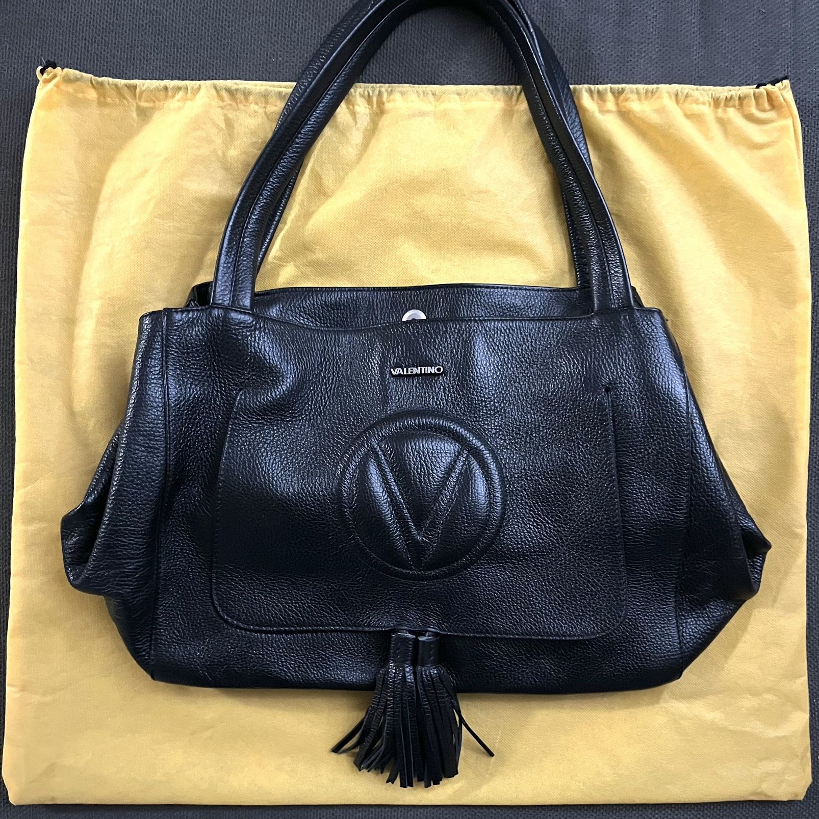 Valentino by Mario Valentino Ollie Italian Black Leather Tassel Tote Bag