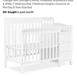Dream On Me Jayden 4-in-1 Mini Convertible Baby Crib And Changer With Storage Plus Mattress 