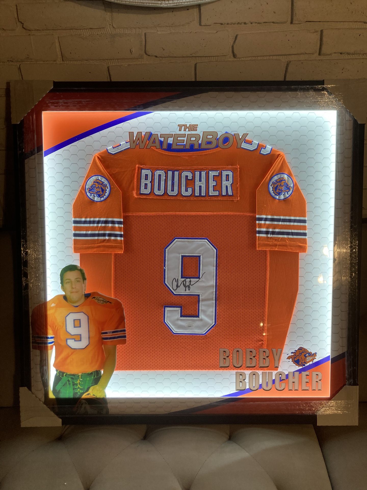 Adam Sandler Signed Water boy Bobby Boucher Jersey Framed Lighted