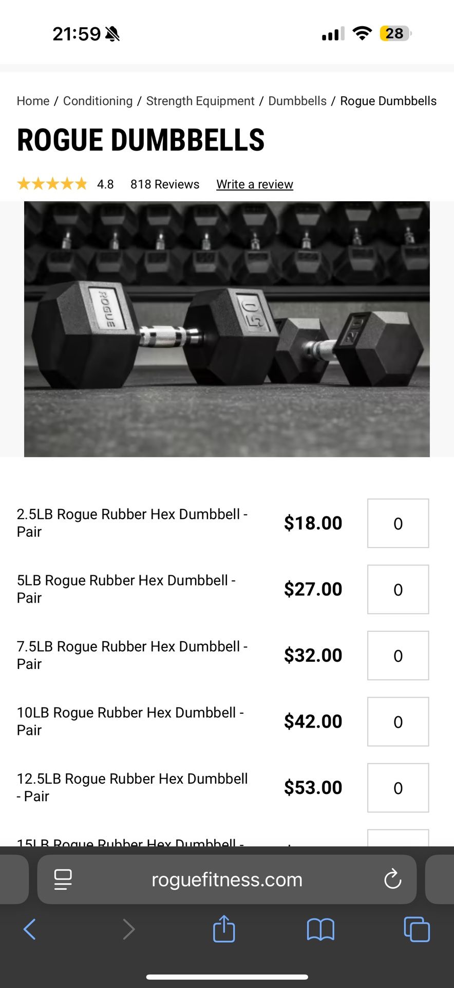 Rogue Rubber Hex Dumbbells