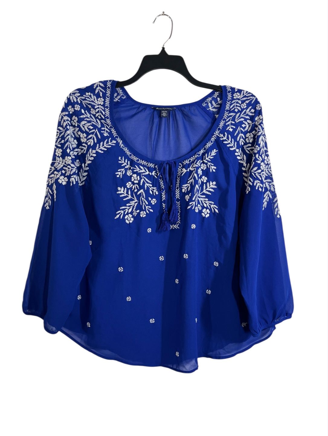 American Eagle Women's XL Blue Embroidered Blouse Floral Top