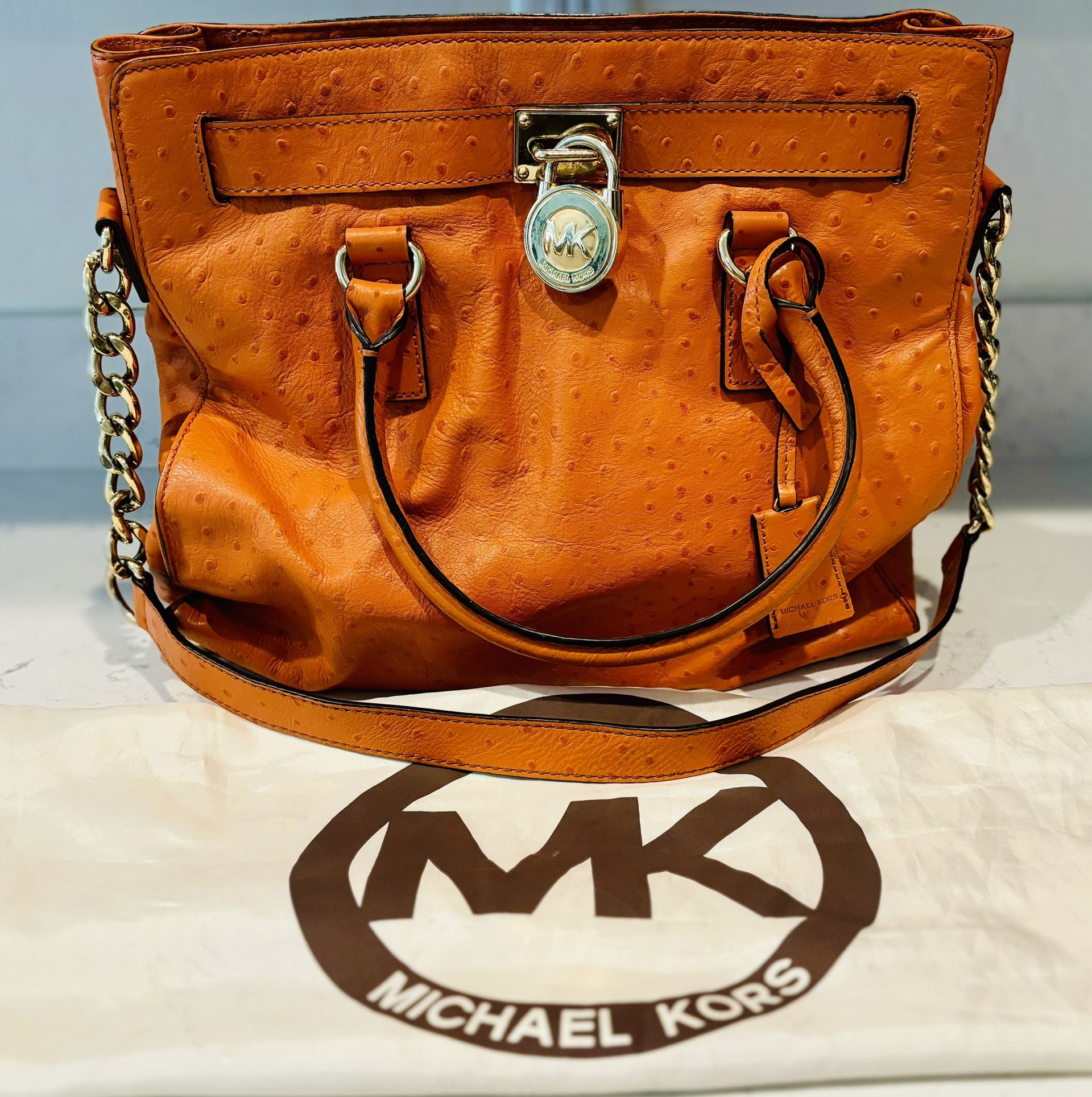 Large Michael  Kors Hamilton Ostrich Orange Handbag With Dust Bag