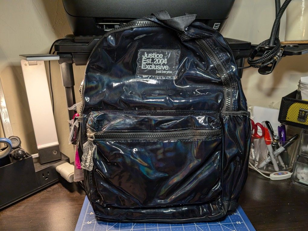 Justice Girls 2022 17" Backpack, Black Patent with Tech Pocket NWT