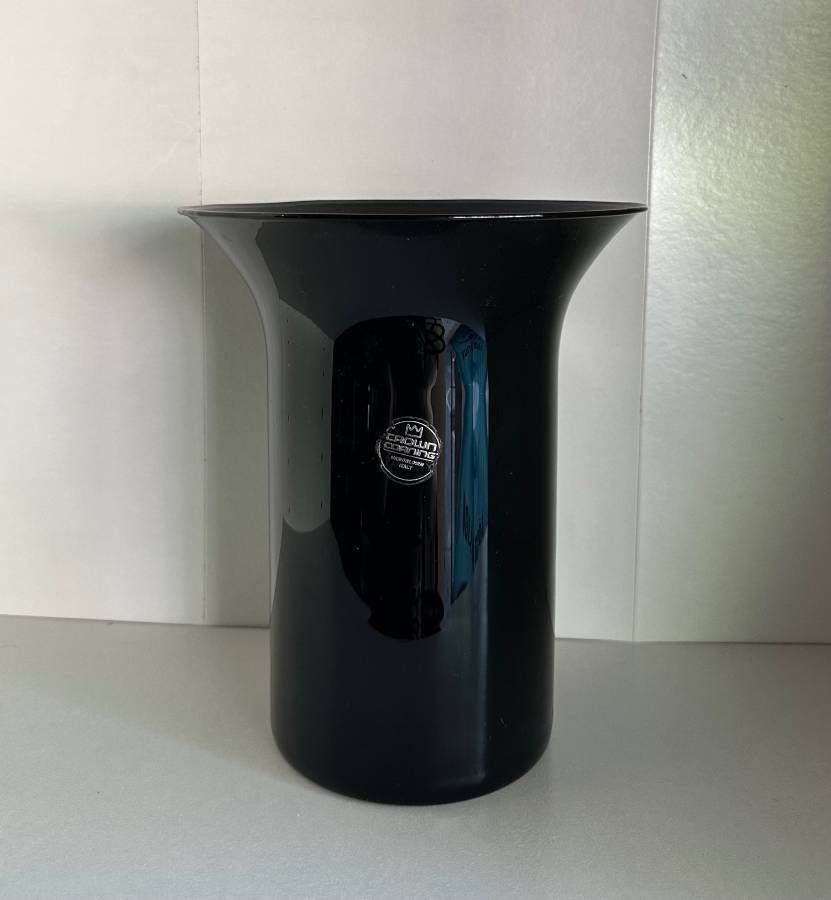 Vtg 60s Mid Century Modern Crown Corning Italian Black Glazed Satin Hand Blown Art Glass Vase Cylindrical Form Flared Top Mint Centerpiece