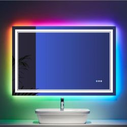 🔥🥶48x32 Inch RGB LED Bathroom Mirror w/ Lights Front & RGB Backlit, Dimmable, Memory, Anti Fog