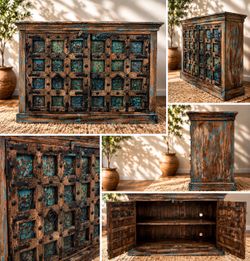 Hand-Carved Wood Cabinet – Entryway Console Table, Credenza, Buffet, Storage Cabinet