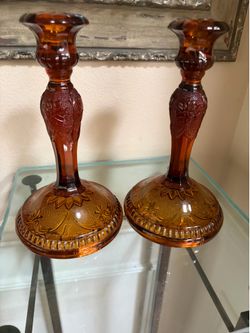 Vintage Indiana Glass Tiara Amber Pressed Glass Candle Holder 8.5”