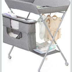 Portable Baby Changing Station with Adjustable Height - Foldable Diaper Table with Wheels,Waterproof Pad, Safety Belt