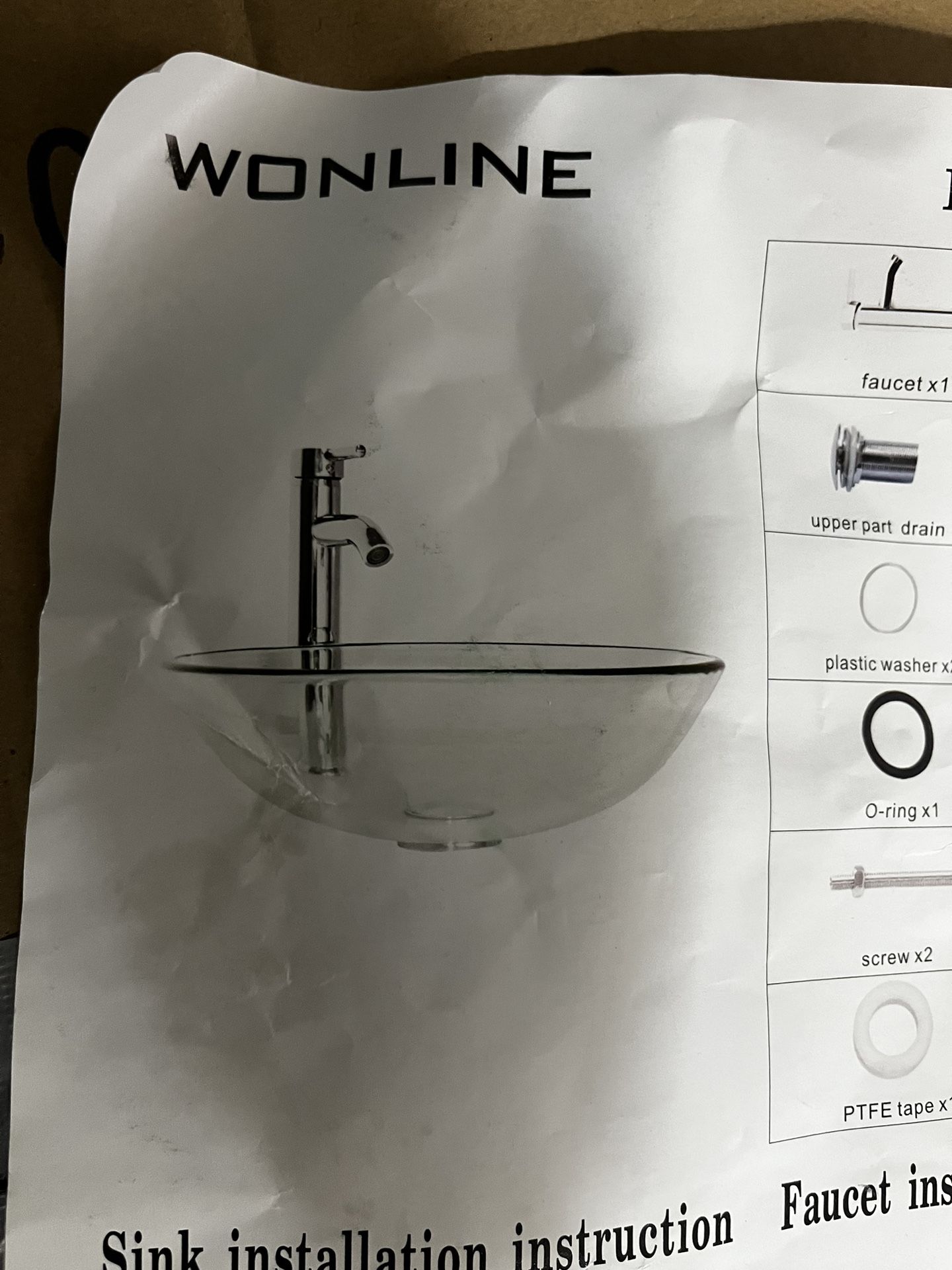 Wonline vanity, bathroom, glass sink, and faucet