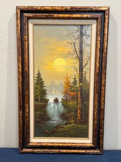 Antique c1960s Forest Waterfall Oil Painting with Cabin signed "A. Chester"