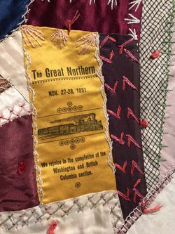 Antique Crazy Quilt circa 1900 featuring The Great Northern Railroad joining of WA & BC Canada