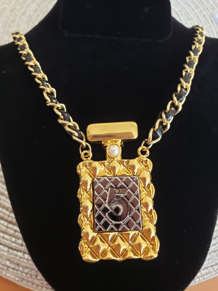Gold Number 5 Bottle Pendant Necklace With Black Leather..26 Inches Long 