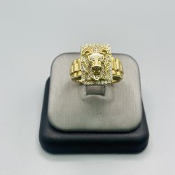 10KT GOLD CZ MENS LION RING