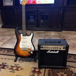 Fender Squire Stratocaster Guitar and Marshall Amp