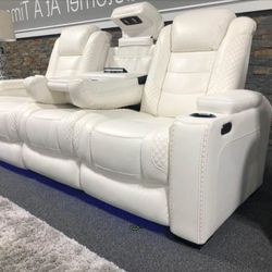 Party Time Power Reclining White Sofa