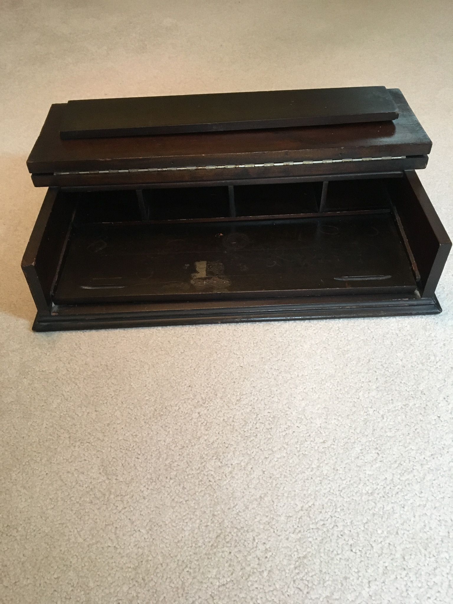 Antique desk top, walnut, pull out writing area, cubby holes, folding top, 24”w x 17”d (21 “ when pulled out) x 6”h, very good condition
