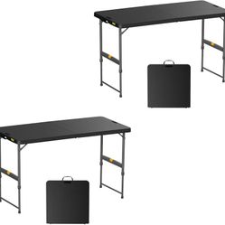 4ft Portable Folding Table, One-Handed Height Adjustment, 4 Heights, Gravity Lock, Carry Handle, Indoor Outdoor Heavy Duty Fold-in-Half Utility Table,