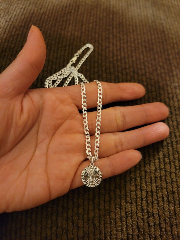 Italy 925 Sterling Silver DC Dainty Necklace 18" w/ Our Lady of Guadalupe Charm for Women Plata 925 Cadena & Dije Virgen de Guadalupe Para Dama 18"