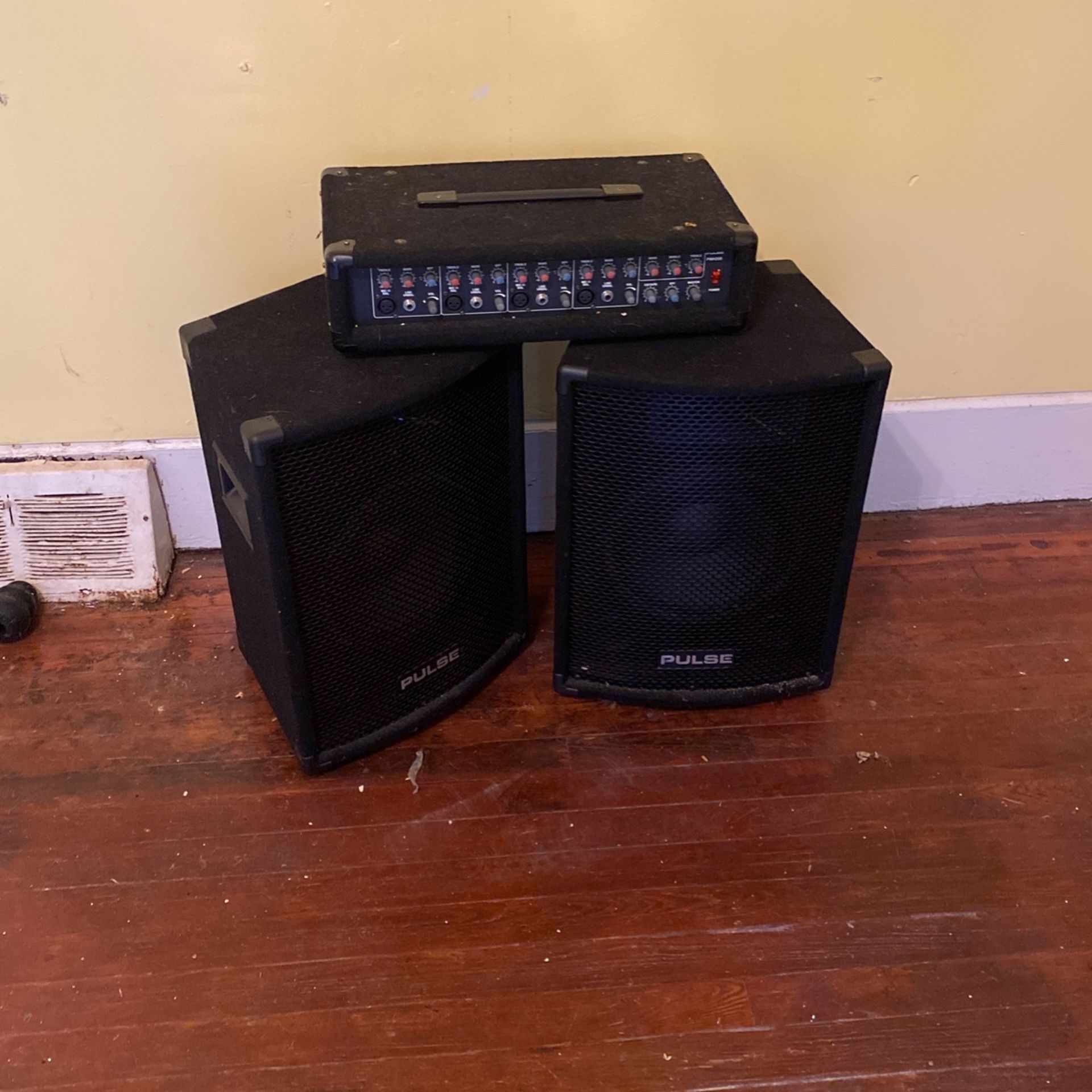 Two 20 Inch PULSE speakers and amplifier 