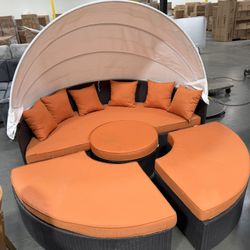 87”Dia Canopy Patio Furniture , Patio Bed Furniture, Wicker Furniture, Big Round Patio Set, Outdoor Furniture, Orange Cushions Patio, Wicker Sofa