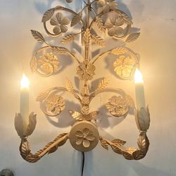 Vintage Gold Metal Colored Floral Wall Sconce 26" Tall By 18 Wide Wired Ready To Hang