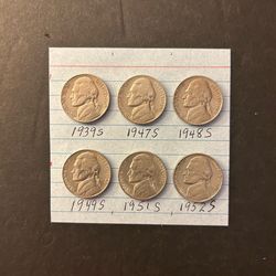 Coins – Jefferson Nickels -low mintage – all San Francisco – 1939S/47S/48S/49S/51S/52S - nice coins - Total 6 Coins
