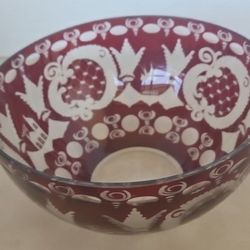 VTG 8” Ruby Red Flashed Cut  to Clear Bohemian Crystal Etched Glass Fruit Bowl 