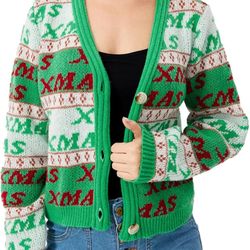Women's Christmas Cardigan Sweater Open Front Button Up Xmas Knit Sweater