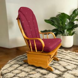 Brown Wood & Red Cushions Glider Rocker Chair