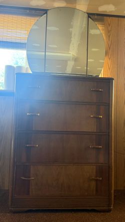 Vintage Art Deco Waterfall Dresser 1(contact info removed) Era 4 Drawer 
34 wide x 45 ht. With mirror 34 wide x 80