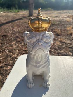 White Glazed Ceramic Royal Pug Dog Statue with Gold Crown Figurine