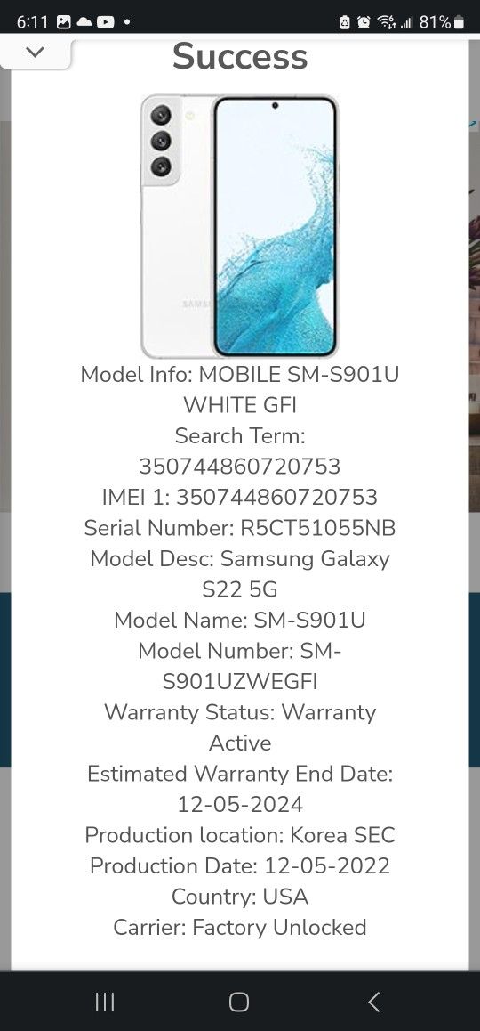 Unlocked Samsung Galaxy S22 256gb, Phantom White sm-s901u1