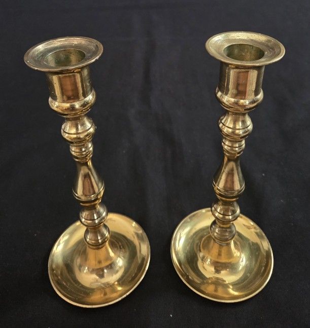 Vtg 2 Brass Candle Holders Made In Japan Drip Trays 7.5"X3.25"