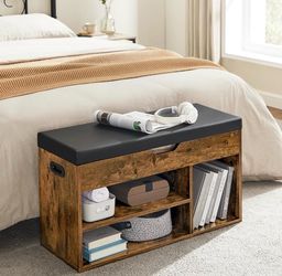 Storage Bench with Cushion, Shoe Bench, Padded Seat, Hidden Storage, Entryway, Hold up to 300 lb, 11.8 x 31.5 x 17.3 Inches, Rustic Brown and Ink Blac