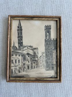 Framed European Cityscape Ink Drawing Print – 11x9