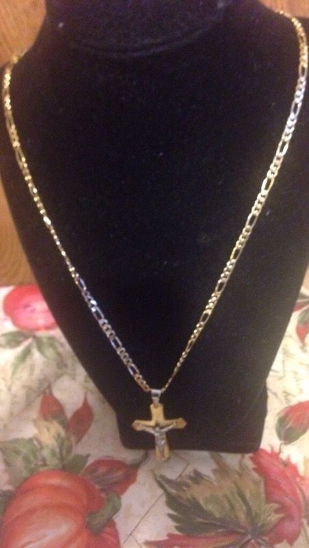 18Karats Rolled Gold crucifix with Figaro22inches chain