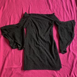 Black off the shoulder dress with bell sleeves and glitter 