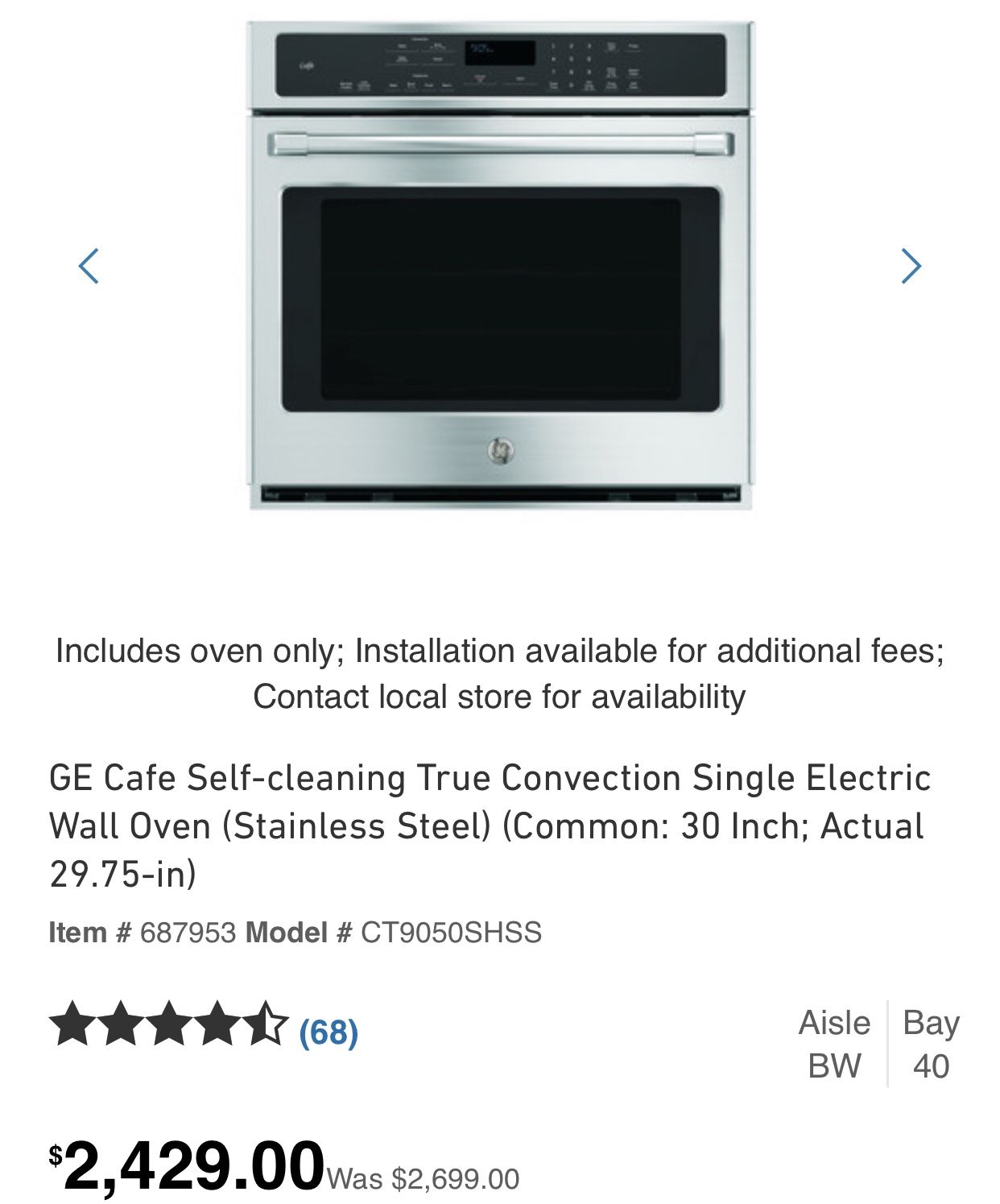 New GE Cafe Selfcleaning True Convection Single Electric Wall Oven