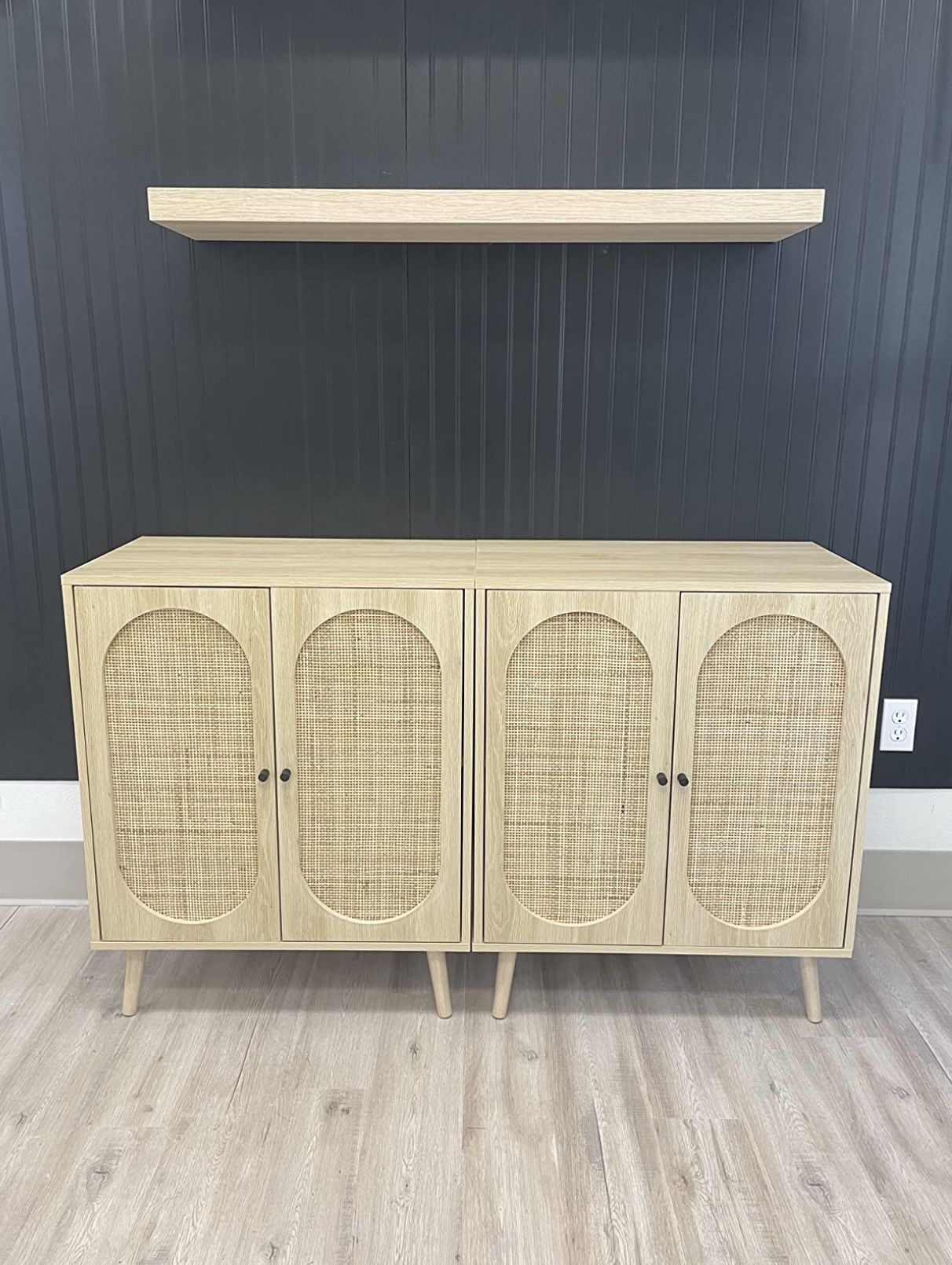 Set Of 2 Sideboard Buffet Cabinet, Kitchen Storage Cabinet with Rattan Doors and Adjustable Shelves