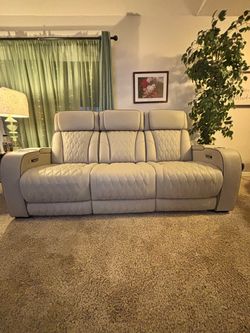 Genuine Leather Power Reclining Sofa with Heat, Massage & Charging Ports