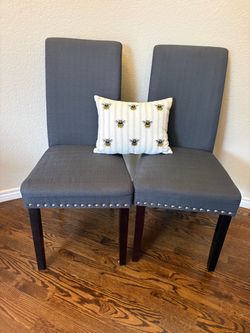 GRAY UPHOLSTERED BEE DINING CHAIRS – PAIR