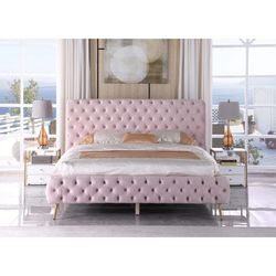 GLAM PINK VELVET CAL / EASTERN OR QUEEN SIZE BED FRAME LOW PROFILE PLATFORM STYLE - CAMA