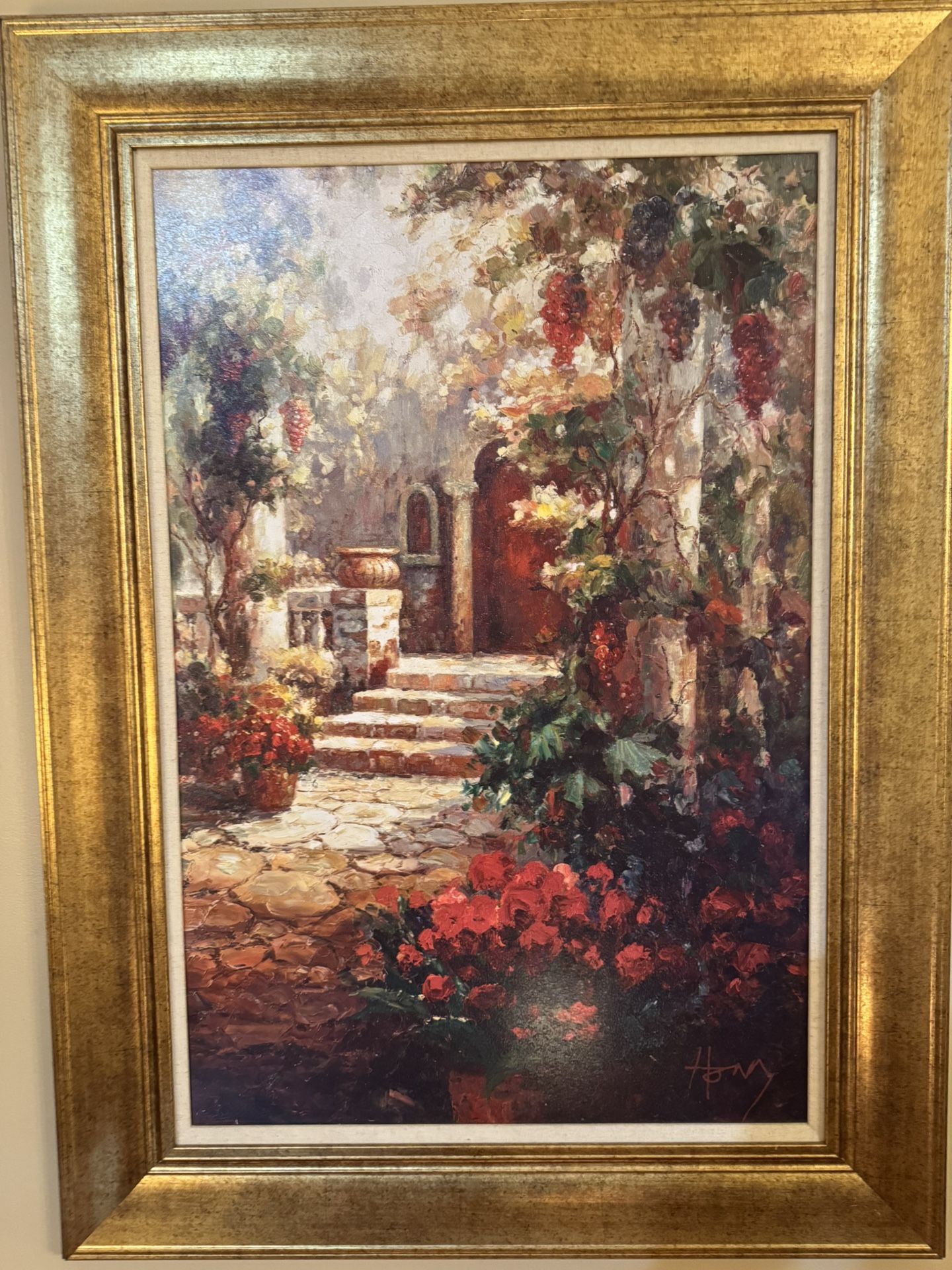 ⸻ Large Framed Mediterranean Courtyard Painting – $29 (Excellent Condition)