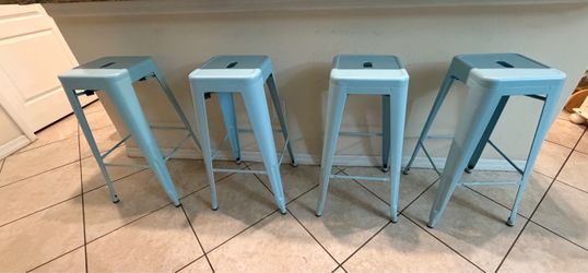 Set of 4 Light Blue Metal Bar Stools