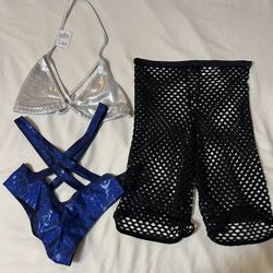 3-piece Club Dance Outfit Midnight Ballerina Fishnet Shorts Sivler Bikini Top Blue Sexy Thing Cross