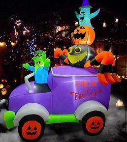 8ft Halloween Inflatable Horror Frankenstein Driving A Car with Spider, Pumpkin