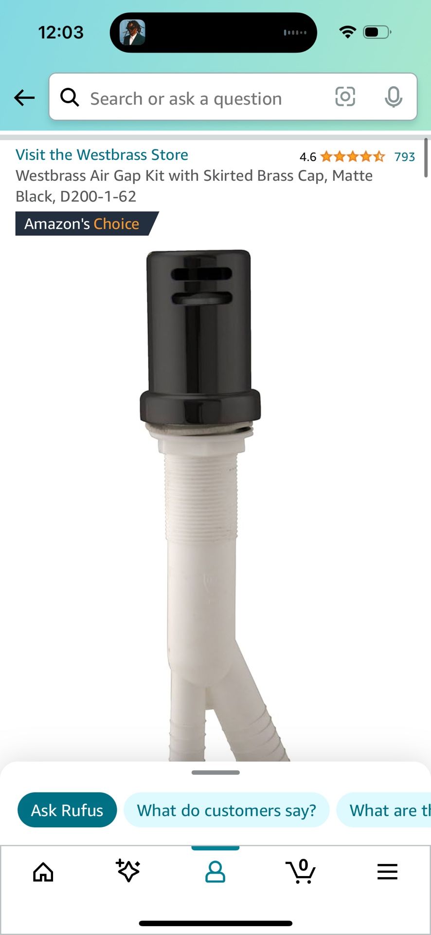 Westbrass Air Gap Kit with Skirted Brass Cap, Matte Black, D200-1-62