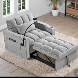 3-in-1 Grey Convertible Velvet Sleeper Chair with Storage