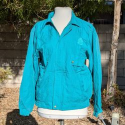 Women's Petite Med Aqua Windbreaker Zip-Up Retro Bomber Jacket Light Coat EUC