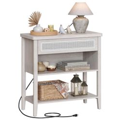 Console Table with Power Outlets, Entryway Table with Storage Shelf, Sofa Table with Drawer, Open Compartment, Rounded Corners, for Living
